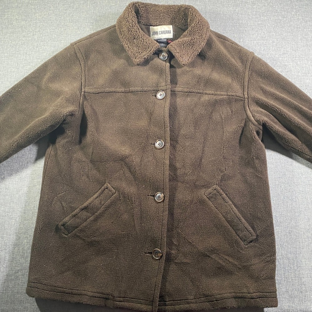 Vintage JOHN CARUANA Brown Fleece Sherpa Collar Button Front Jacket Women Medium
